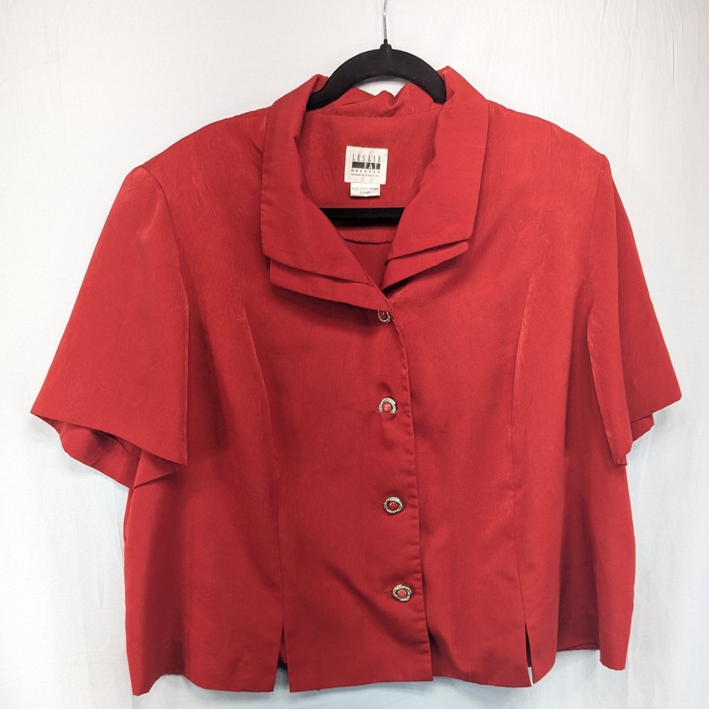 Leslie Fay Dresses Women Petite Red Short Sleeve Button Front Collar Blouse 24WP